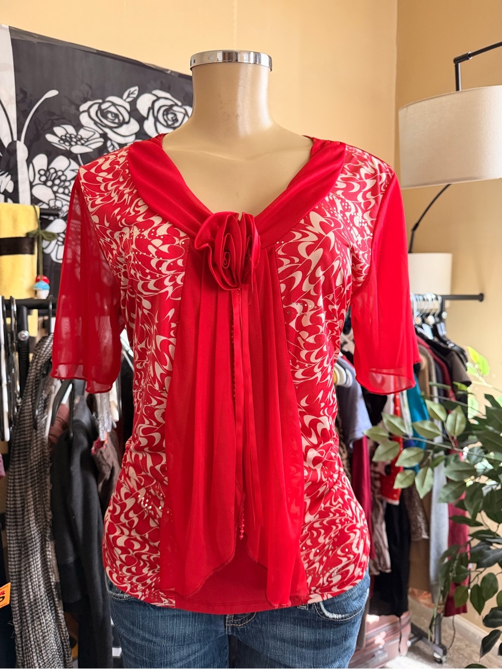 Fashion One U.S.A. Red & White Blouse Size